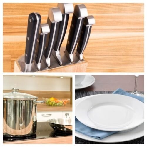 rental kitchen furnishings including a knife block, pots and pans, and dishes